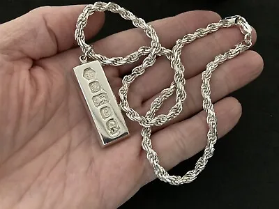 Vintage Sterling Silver Ingot Pendant With Silver Rope Chain. Heavy 62 Grams • $132.61