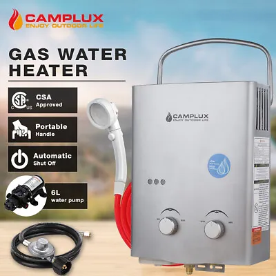 Camplux Silver Outdoor Gas Hot Water Heater W/12V Water Pump Kit Camping Shower • $49.99