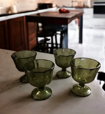 4 VINTAGE Indiana Glass Green Harvest Grape Compote Goblet Dish Octagon Top A++ • $16