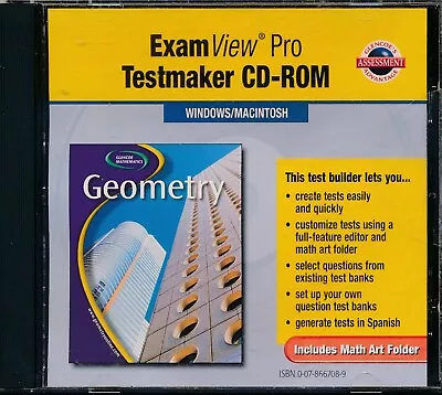 9780078667084 Glencoe Geometry ExamView Pro Testmaker Test Bank CD 0078667089 • $45