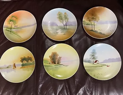 Meito Hand Painted China 6 Different Scenes 6” Plates.  Set Of 6 • $15