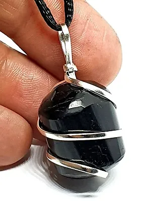 Black Tourmaline Pendant Necklace Wire Wrapped Real Gemstone Astral Protection • £4.95