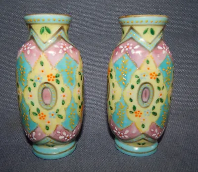 £89.99 • Buy Pair Miniature Antique Harrach Moroccan Pattern Enemelled Glass Vases ~ Bohemian