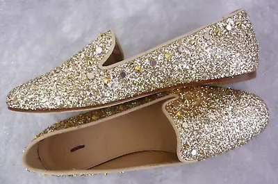 NEW J. CREW Retail $258 DARBY GLITTER STUDDED LOAFERS PLATINUM GOLD SIZE 7 ITALY • $94.50