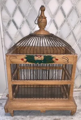Vintage Bird Cage Hand Painted Flowers Wood Wire 13”W 18”T 8 5/8”D • $89.99