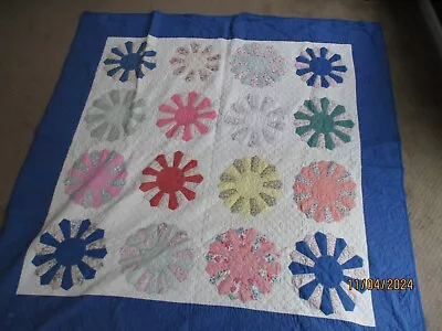 Vintage DRESDEN PLATE Flower CUTTER Quilt 72  X 68  Hand Stitched BLUE • $24.99