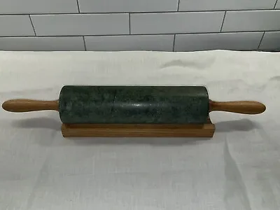 10  Marble Green Rolling Pin With Wooden Handles 18” + Holder Base As Is • $24.99