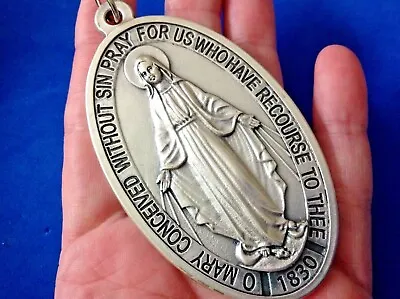 Large VIRGIN MARY MIRACULOUS Devotion Medal 3-1/2  Saint Medal Italy Twin Hearts • $30.87