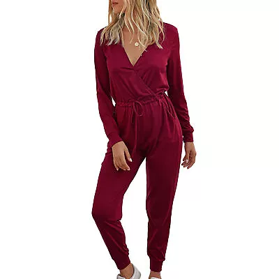 Lace Up Jumpsuit Unique Cover Lower Abdomen Long Sleeve Pants Jumpsuit V Neck • $36.40