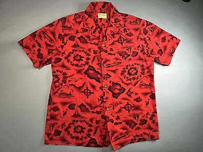 Vintage Ui Maikai Hawaiian Shirt Mens L Short Sleeve Tiki Red Volcano Map • $45