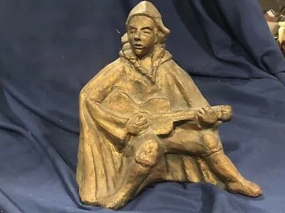 Mid Century Plaster Cast Figure Of Guitar Playing Balladeer In Burnt Gold Tone • £36.68