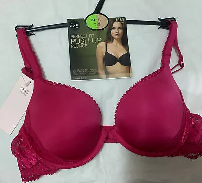 Ex M&S PERFECT FIT UNDERWIRED PLUNGE PUSH UP Bra With MEMORY FOAM CHERRY RED 34B • £12.99