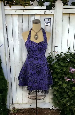 Purple Fit Flare Halter Dress Punk Rock Goth Roses Tattoo Art Prom Formal 90s S • $29.99