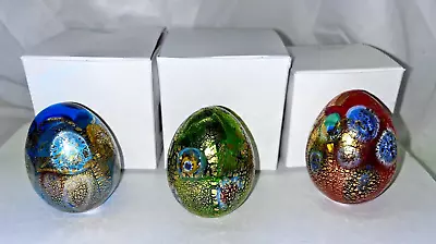 Set 3-2 1/4  Murano Hand Blown Studio Glass Easter Egg Millefiori W/2 Stands NOS • $38
