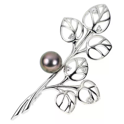 Mikimoto K18WG Black Pearl Diamond Brooch With A Diameter Of About 8.8 Mm Plant • $1415.20