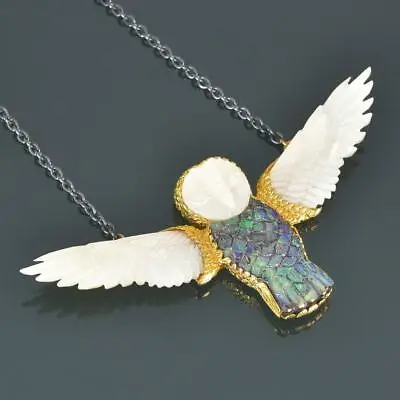 Gold Vermeil Sterling Owl Necklace Carved Mother-of-Pearl & Abalone Shell 25.28g • $199