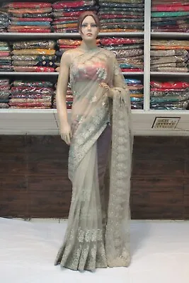 £63.42 • Buy Bollywood Pearl & Chikan Work Net Designer Saree Indian Wedding Party Wear Sari