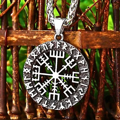 Viking Compass Vegvisir Runes Stainless Steel Protection Power Pendant Necklace • $12.37