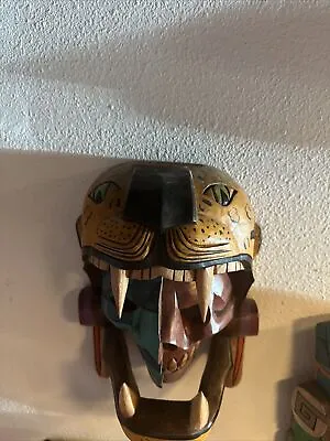 Hand Carved Mayan Wood Mask Warrior Pyramid Artwork Jaguar Snake Mexico Cedar  • $130