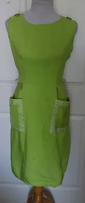 Vintage 50s Lime Green Cotton Sheath Dress Striped Trim B36 • $29.99