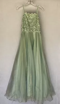 Vtg 80s SPEED FASHiON Long Mint Green Daisy Chiffon Sleeveless Gown Sz 7/8 Prom • $49.99