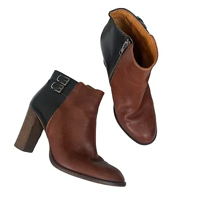 Madewell Leather Booties 8.5 Brown Black Boots 3.5  Block Heel Shoes Womens • $41.99