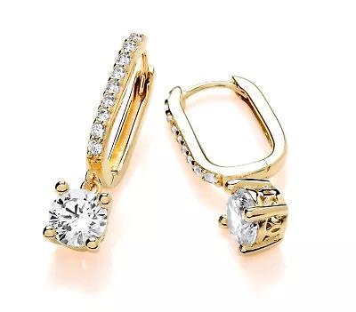 9ct Yellow Gold On Silver Sparkling CZ Solitaire Dropper Ladies Earrings • £20.95