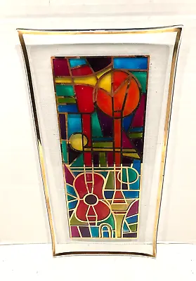 Vtg. Stain Glass Painted Glass Mosaic Trinket Tray Rect./instrument Motif Mcm • $29.95