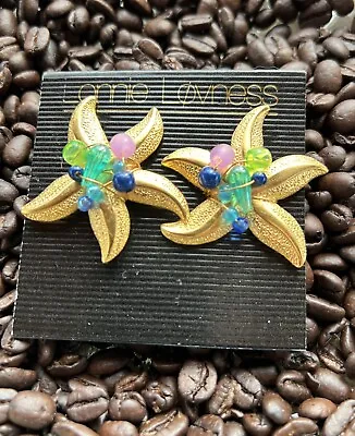 Vintage Gold Tone Beaded Starfish Clip Earrings L LOVNESS • $14.99