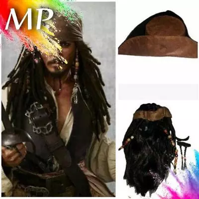 Cosplay Pirates Of The Caribbean Captain Jack Sparrow Brown Wig Hat Beard Prop • $15.21