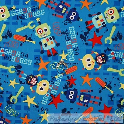 BonEful FABRIC FQ Cotton Quilt Blue Red White ROBOT Yellow Star Baby Boy Dot USA • $4.20