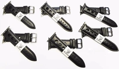 $37.95 • Buy TAURUS BLACK GENUINE LEATHER RALLY WATCH BAND FOR APPLE WATCH 42mm PVD BUCKLE