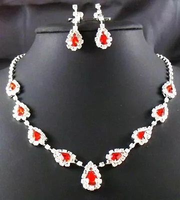 £5.99 • Buy Sparkling Silver Red Wedding Bridal Crystal Rhinestone Necklace Earring Set UK