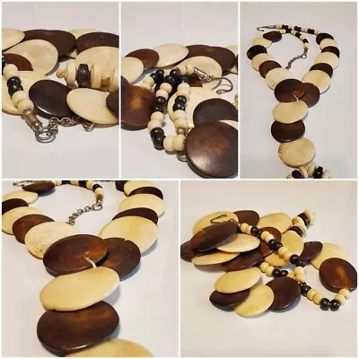 Vintage Brown Cream Off White  Round Disk Bone Tribal Beaded Necklace (N193) • $26