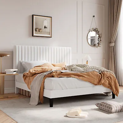 Full/Queen/King Upholstered Platform Bed Frame Adjustable Headboard Off-White • $275.99