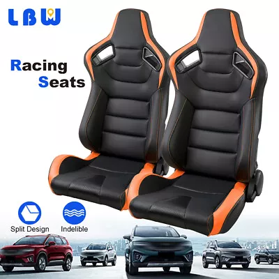 2x Car Racing Seats Pu Leather Bucket Seats Black + Orange Stitching W/2 Sliders • $398.61