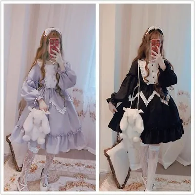 Lady Girl Lolita Dress Cosplay Costume Kawaii Ruffle Puff Sleeve Black Retro • £25.68