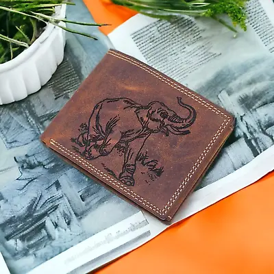 New Elephant Photo Engraved RFID Blocking Mens Distressed Hunter Leather Wallet • £19.99