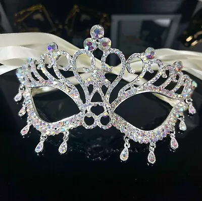 Silver AB Rhinestone Eye Mask Crystal Masquerade Mask Mardi Gras Parade Party • $29.99