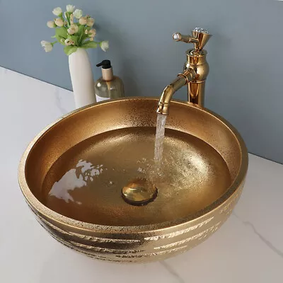 Gold Round Bathroom Vessel Sinks 16  Ceramic Basin Bowl Sink Combo Faucet Drain • $139.99