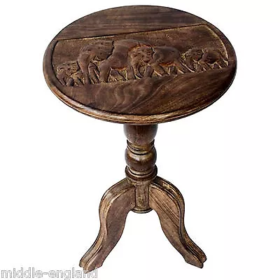 56cm Round Wine Table Occasional Side End Lamp Mango Wood Elephant Carvings • £78