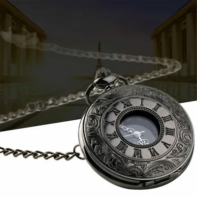 Mens Black Vintage Skeleton Mechanical Pocket Watch Chain Fob Windup Steampunk • $12.90