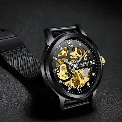 Skeleton Watch Automatic Mechanic Luxury Brand Reloj Hombre Milanese Mesh Band • $48.79