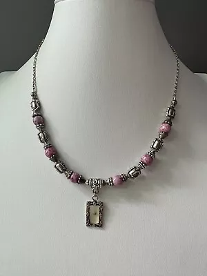 Agate Beads W Square Mustard Seed Pendant Sterling Silver Tone Charm Necklace. • $21