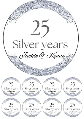 Edible 7.5  Silver 25th Anniversary Cake Topper /8 Cupcake Topper Wafer/icing • £5.10
