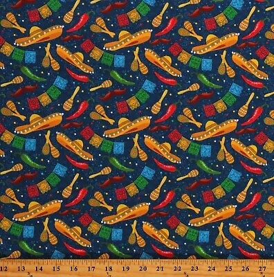 Cotton Mexican Fiesta Sombreros Blue Fabric Print By Yard D364.55 • $12.95