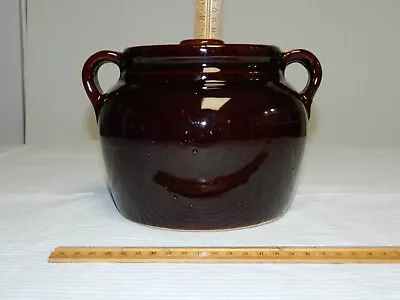 Vintage Dark Brown Glaze Stoneware Bean Pot Ovenproof Double Handles Lid USA • $12.99