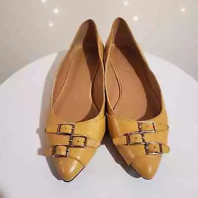 Nine West Logical Leather Point Toe Buckle Flats Womens Size 7 Mustard Yellow • $22.99