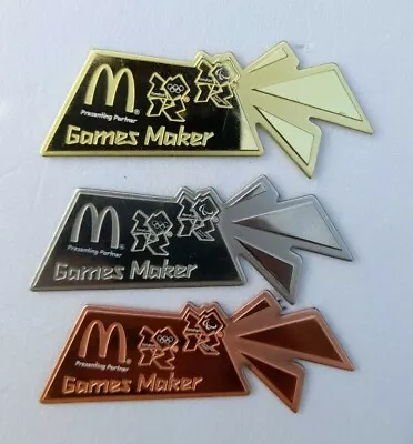 OFFICIAL LONDON 2012 OLYMPIC McDONALD'S GAMES MAKER GOLD SILVER BRONZE PIN SET • £39.95