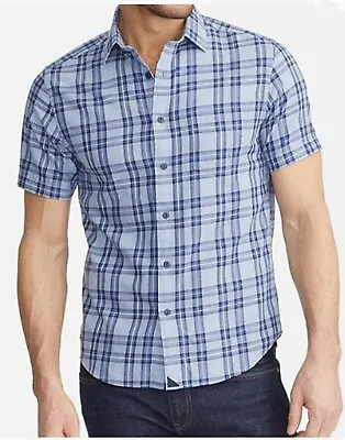 UNTUCKit Morton Button Down Short Sleeve Shirt Blue Plaid Tall Regular • $34.99